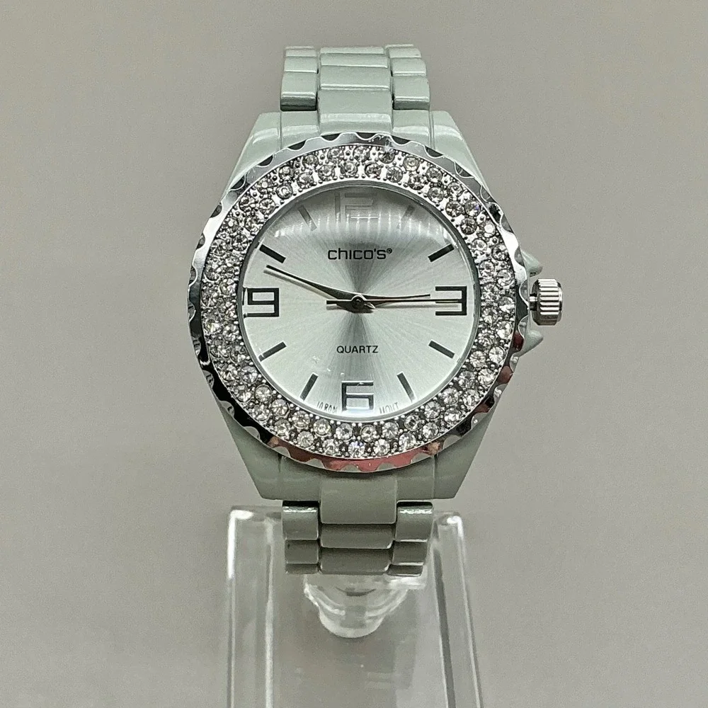 Chico's Watch Women Gray Silver Tone Rhinestone Quartz 40mm Bracelet NEW BATTERY